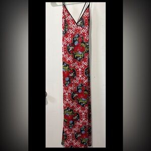 Vintage Vassarette Long Nightgown Maxi Slip Dress Red Floral Tie Open Back Sz 34
